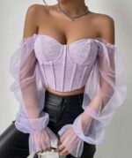 Top avec tulle à manche évasée court en dentelle – Image 8