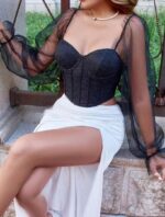 Top avec tulle à manche évasée court en dentelle – Image 6