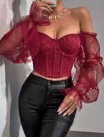 Top avec tulle à manche évasée court en dentelle – Image 2