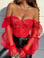 Top avec tulle à manche évasée court en dentelle – Image 10