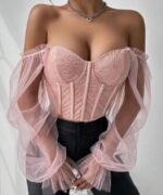 Top avec tulle à manche évasée court en dentelle