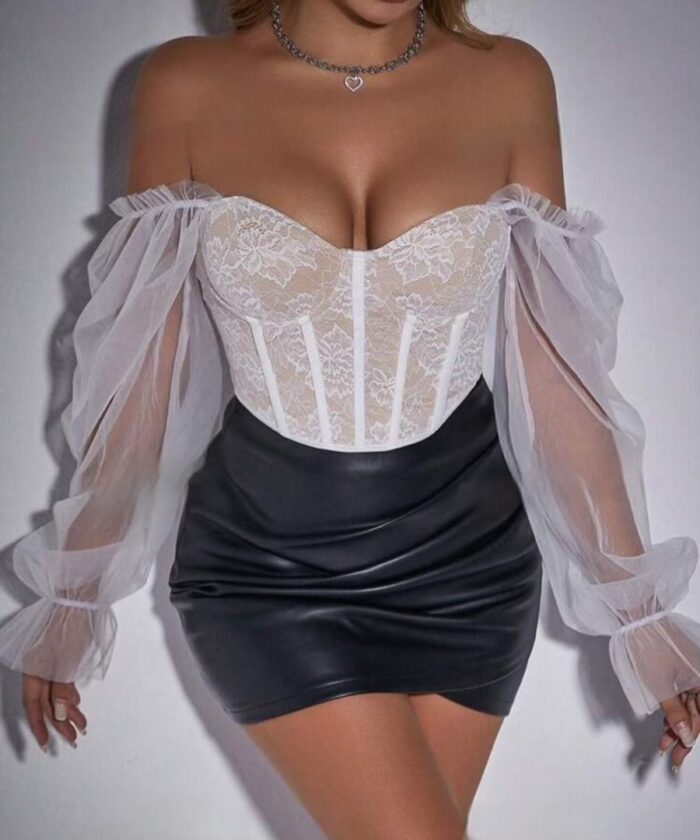 Top avec tulle à manche évasée court en dentelle – Image 9